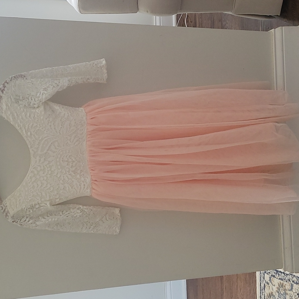 Full length pink tulle lace top flower girl dress
